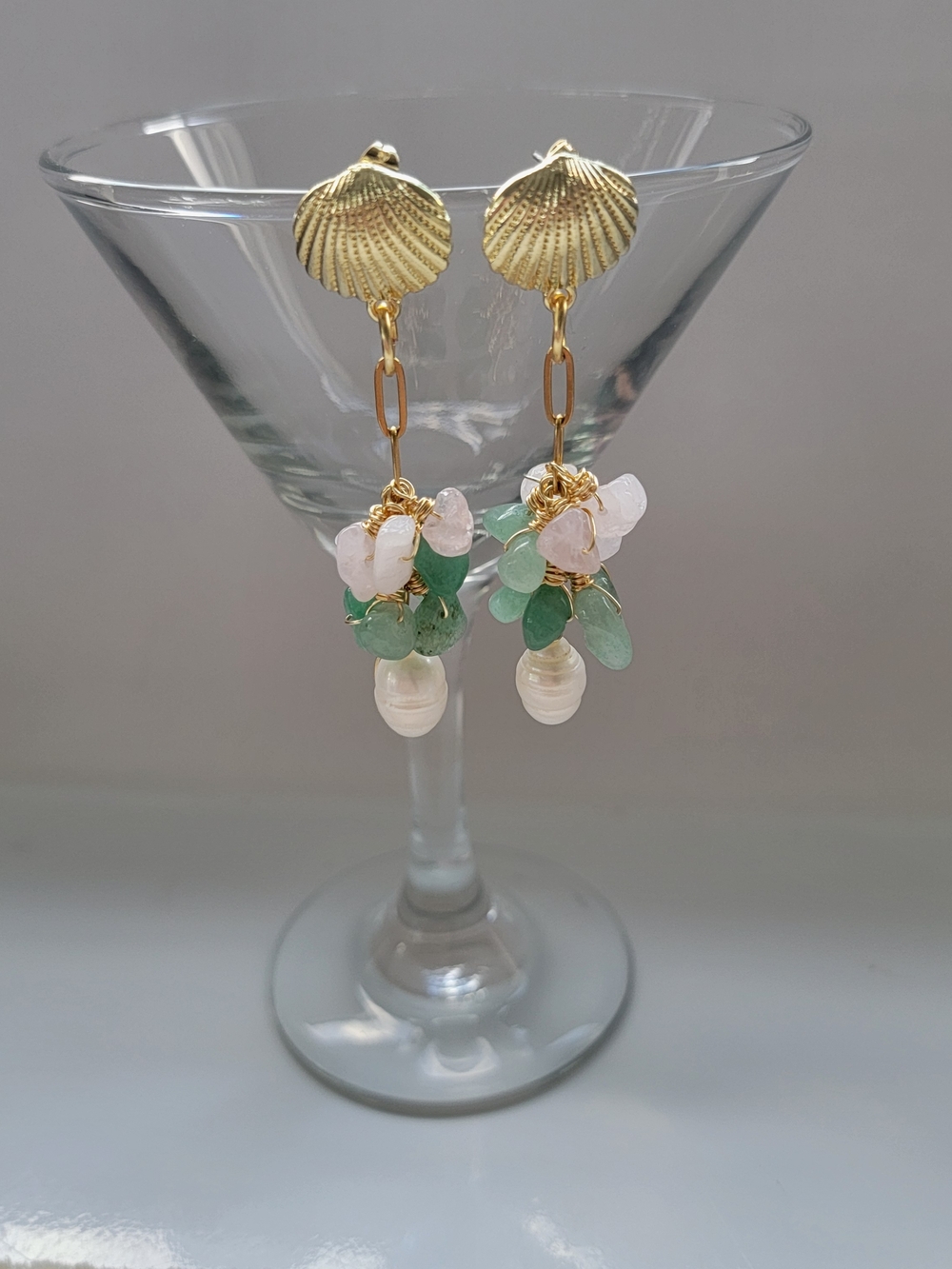 Gold Shell Drop Earrings with Rose Quartz, Green Gemstones AVENTURINE  & Pearl